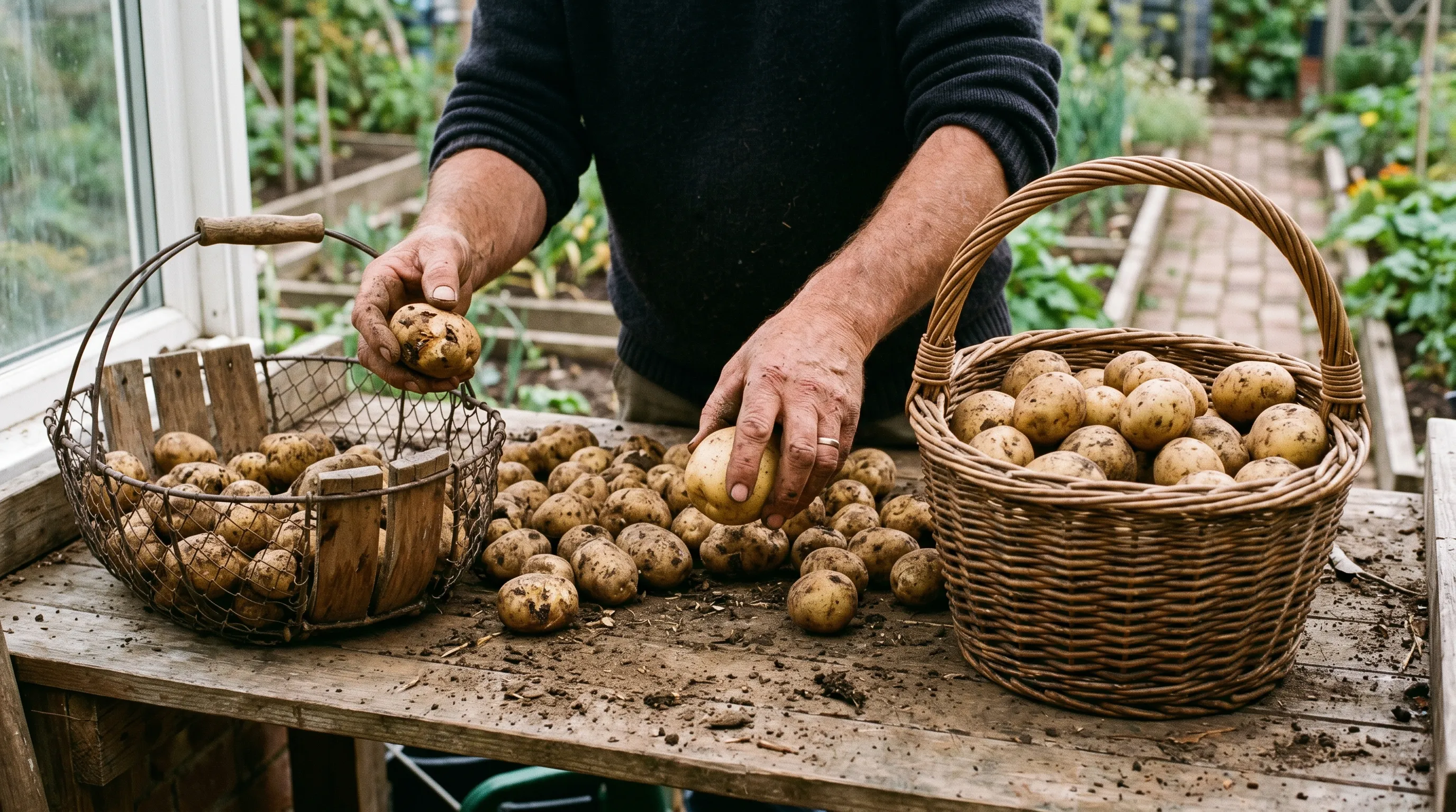 A UK gardener's hands sorting freshly lifted maincrop potatoes on a wooden bench, separating clean unblemished tubers into a wicker basket on the right and damaged tubers into a smaller basket on the left for immediate eating