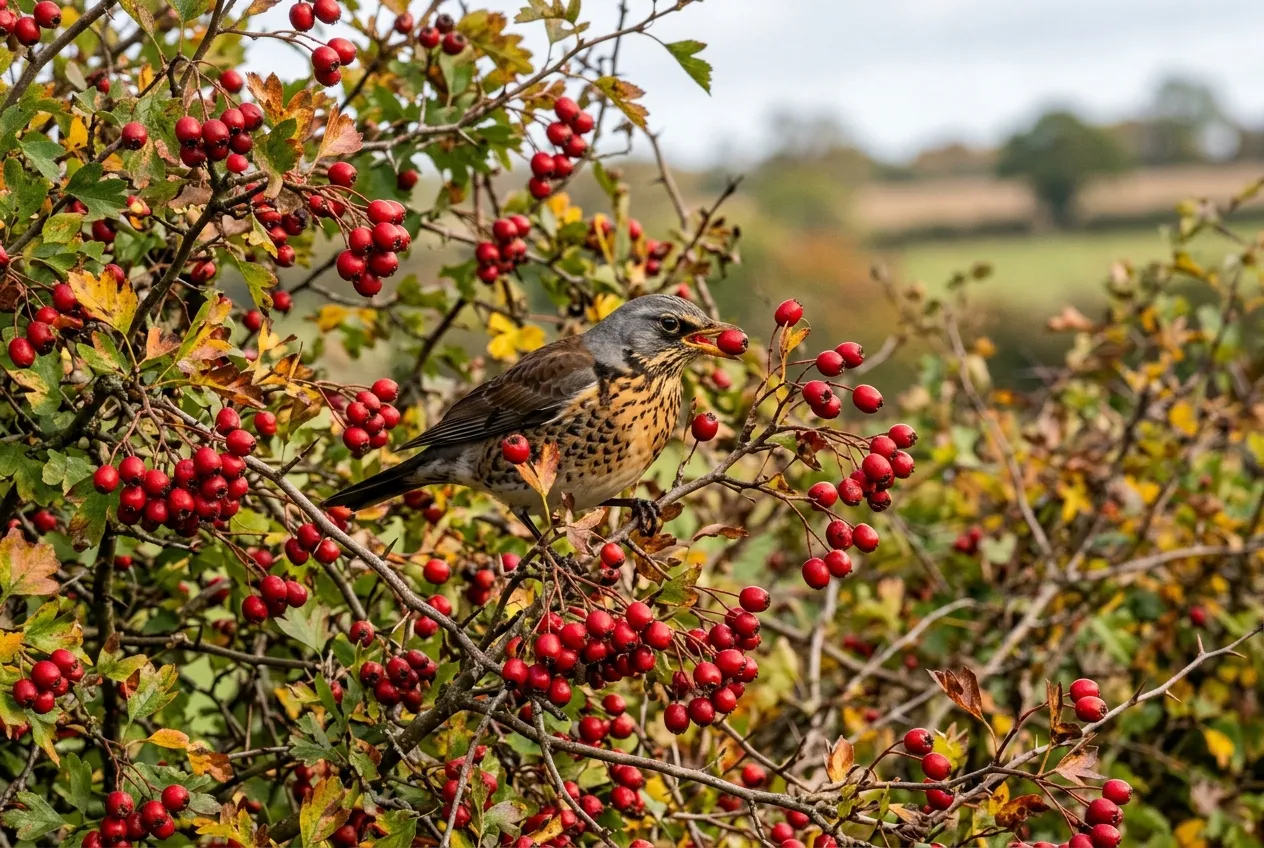 Hawthorn red berries (haws) in autumn with wildlife visiting in a UK hedgerow