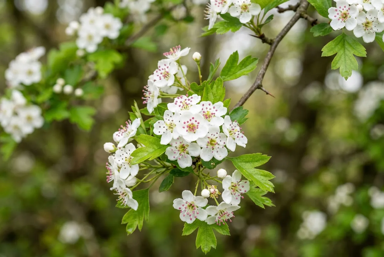 Hawthorn May blossom close-up showing white flower clusters with pink stamens in spring
