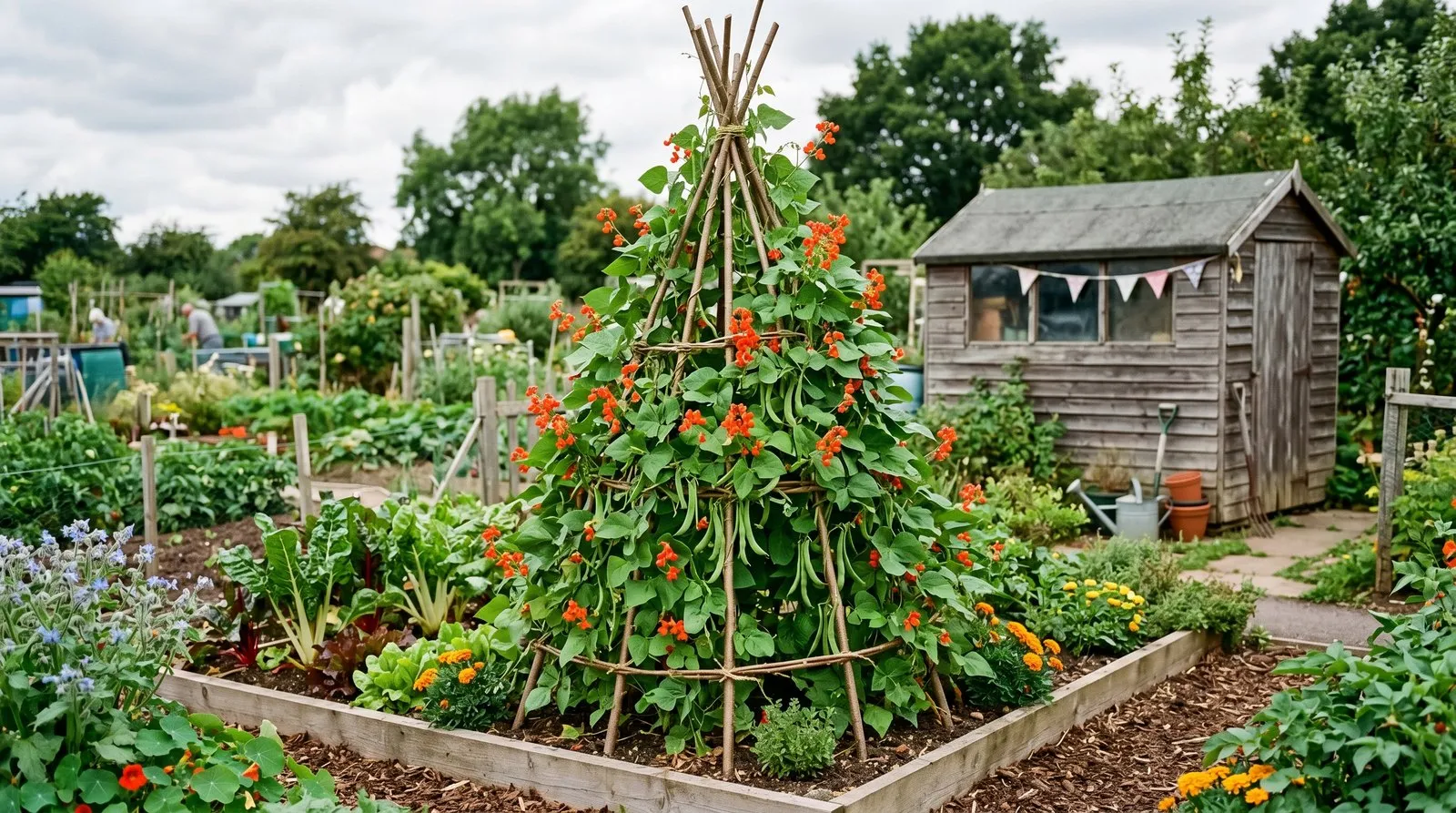 A rustic hazel wigwam obelisk covered in scarlet runner bean flowers and young pods on a UK allotment raised bed