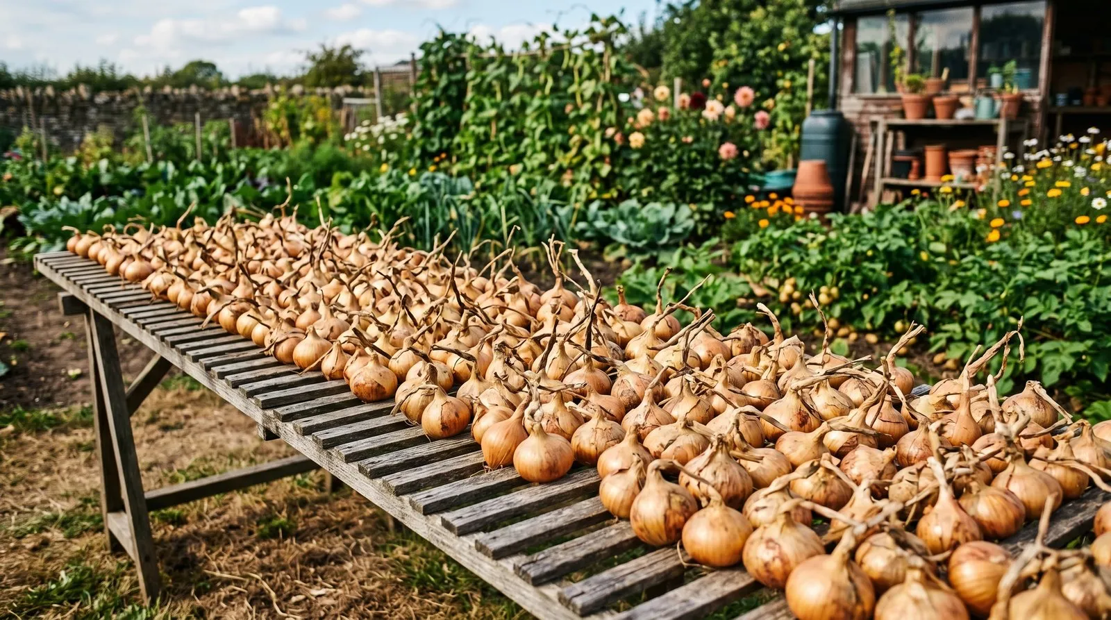 Healthy harvested onions with slim, dried necks laid out to cure on a slatted wooden rack in the late summer sun