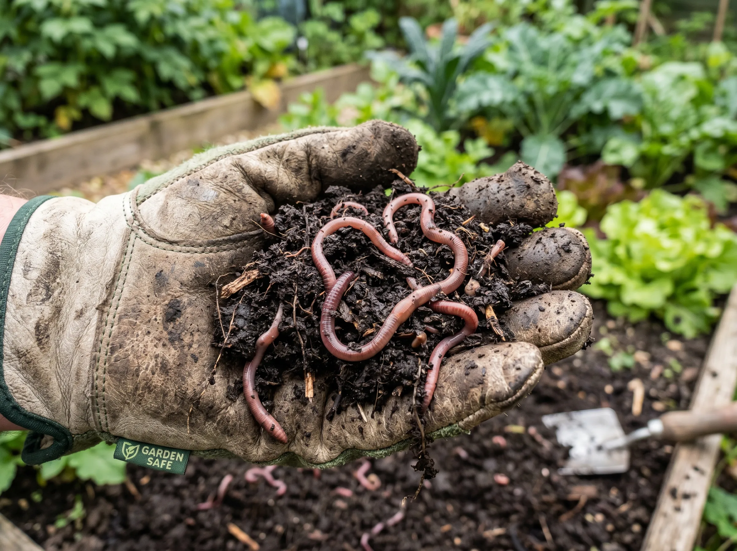 UK gardener holding a handful of dark crumbly mature compost in a gloved hand, several pink earthworms visible among the rich soil, a vegetable bed in soft focus behind