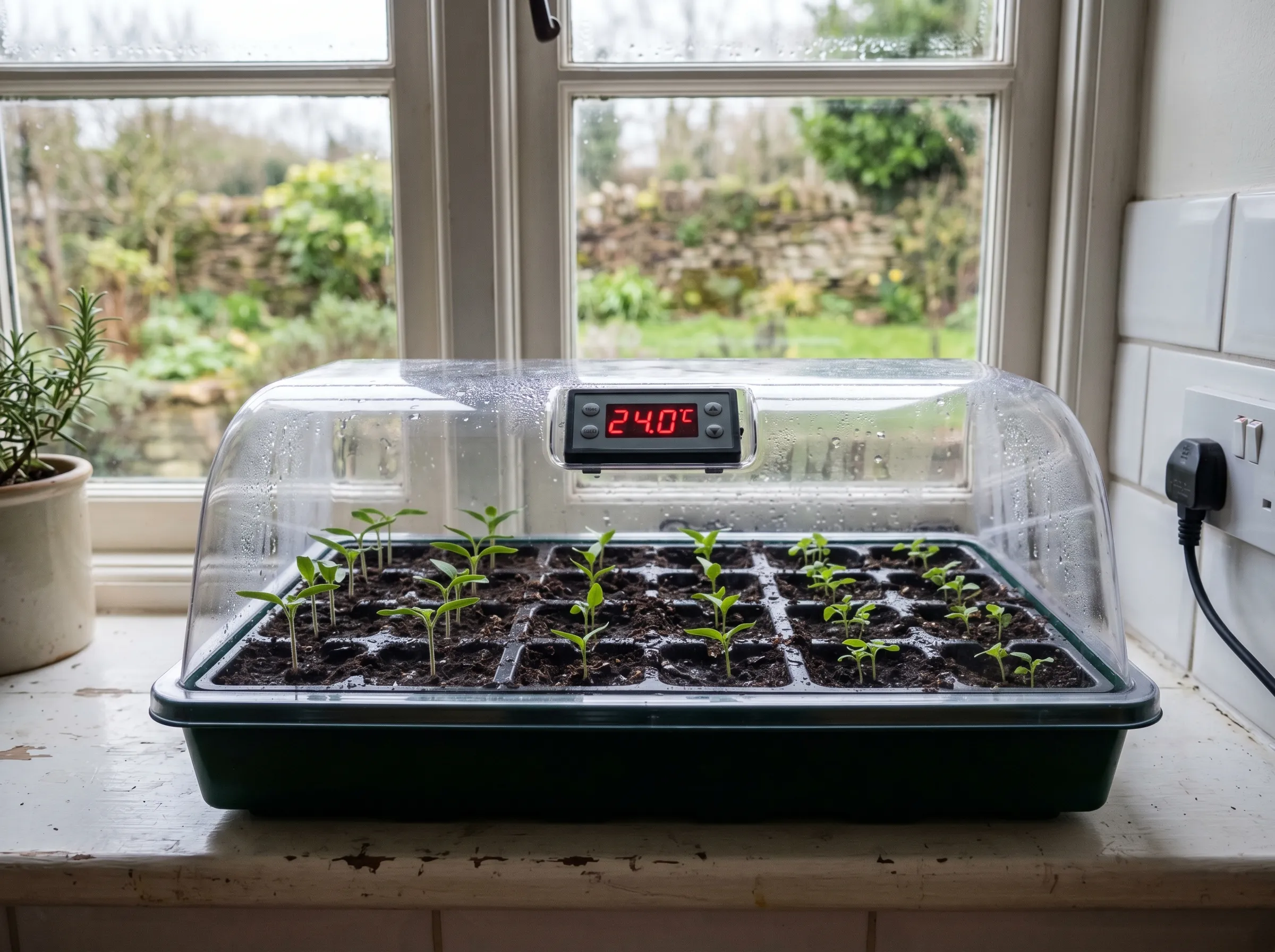 UK heated propagator on a kitchen windowsill with a digital thermostat displaying 24C, containing seed trays of tomato, pepper and basil seedlings germinating uniformly