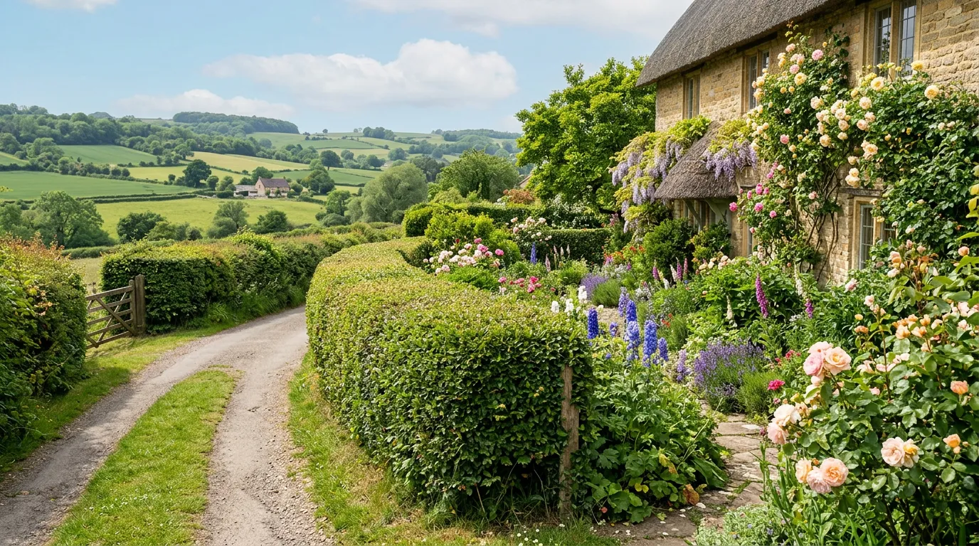 Gardener trimming a beech hedge with shears in a UK suburban garden showing when to cut hedges