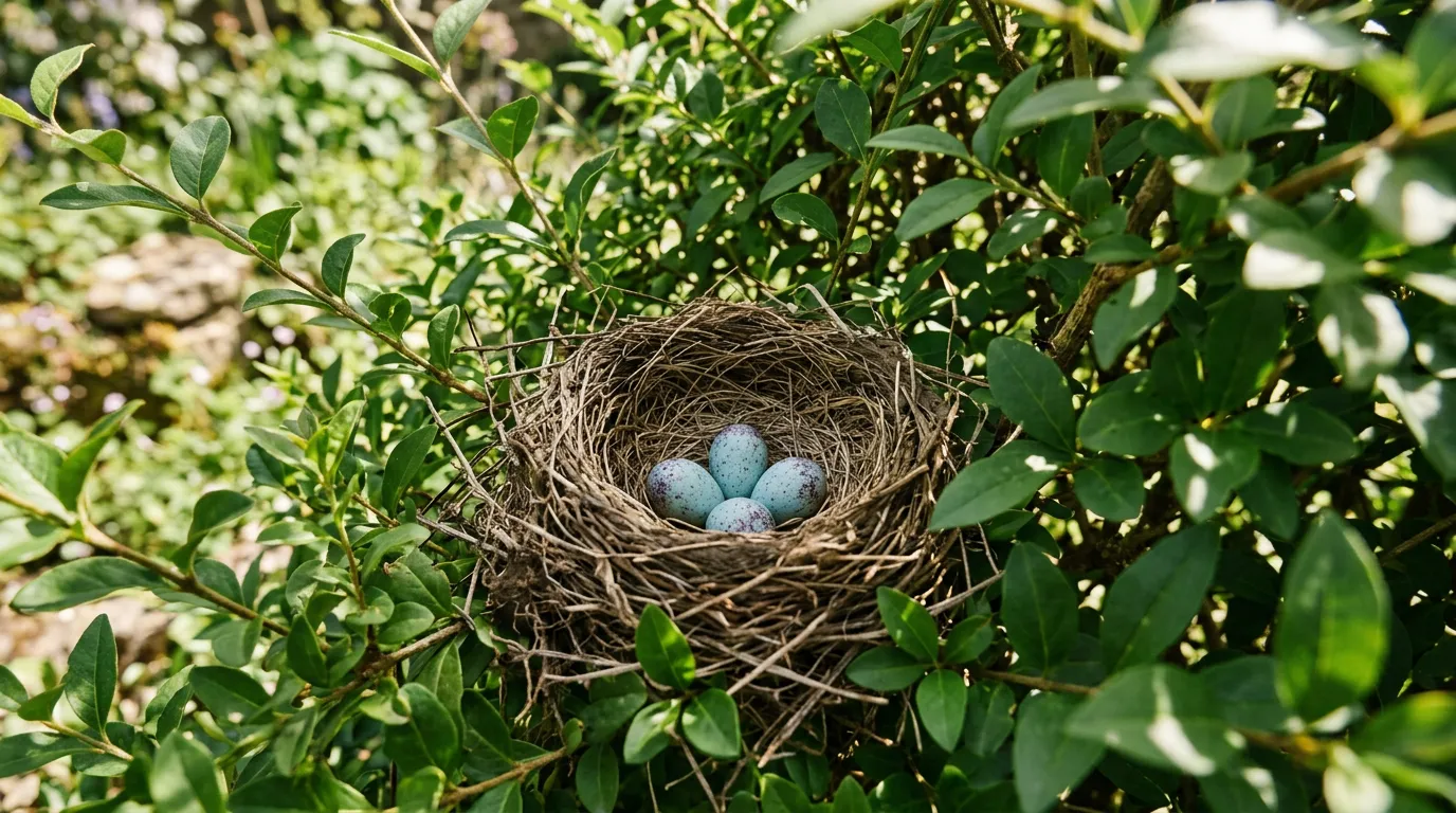 A blackbird nest with eggs hidden inside a thick privet hedge in a UK garden