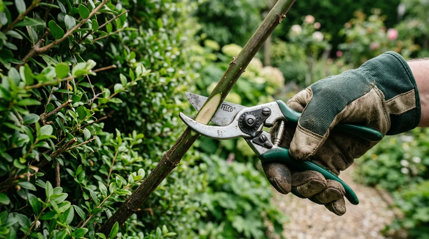 Close-up of secateurs making a clean pruning cut on a hedge stem in a UK garden