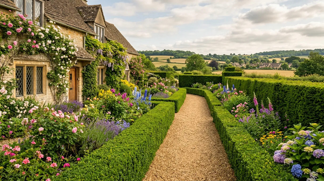 A well-maintained formal yew hedge bordering a cottage garden path in the UK countryside