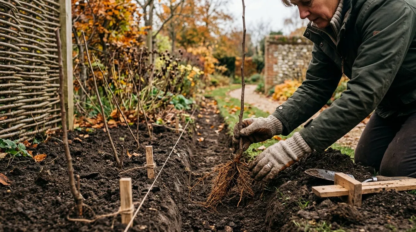 Hedge planting bare-root whips being set in a prepared trench along a UK garden boundary