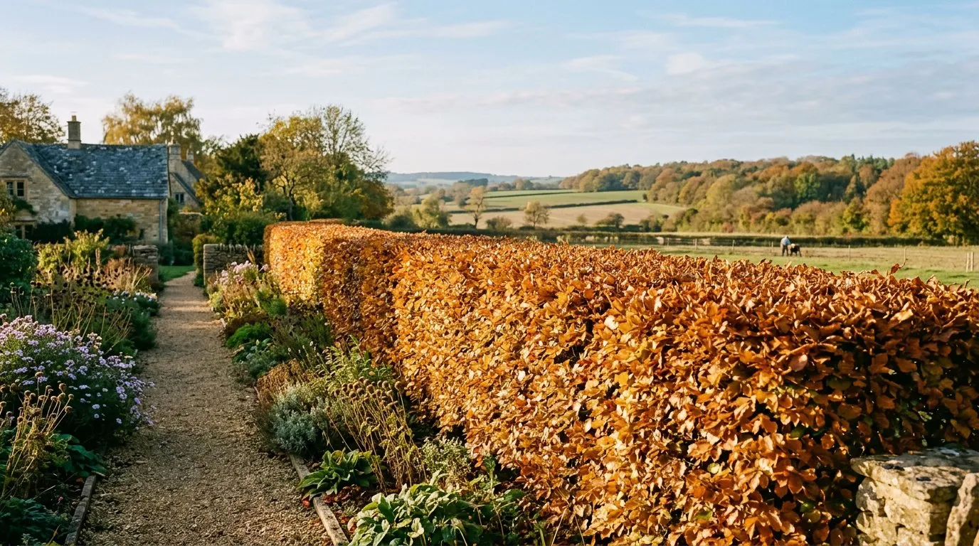 Established beech hedge in copper autumn colour along a UK country garden boundary