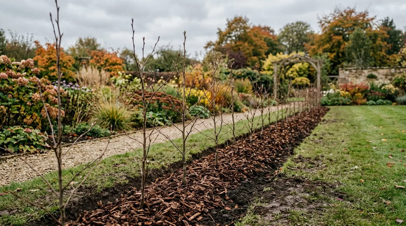 Freshly planted bare-root beech hedge whips in a trench along a UK garden boundary in late autumn