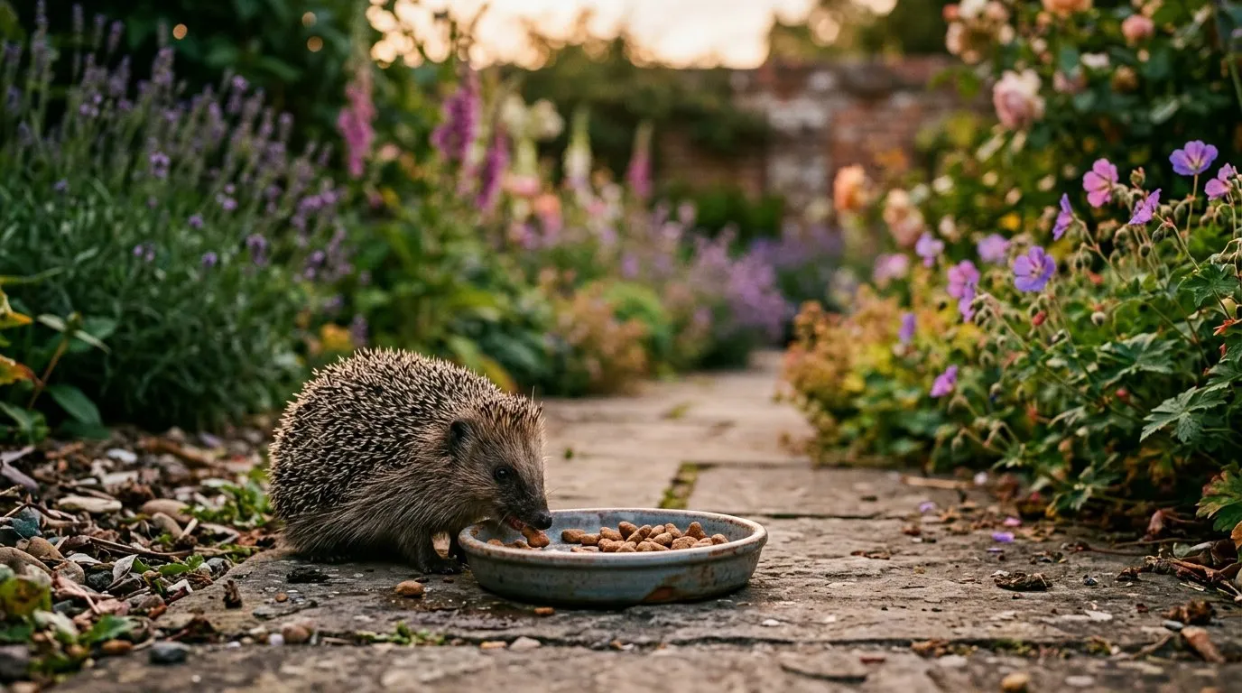 Hedgehog eating from a shallow dish of cat biscuits in a UK garden at dusk
