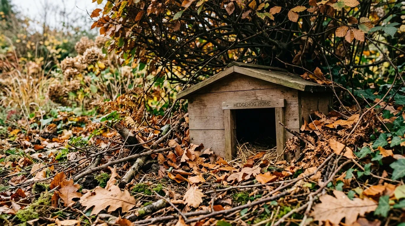 Wooden hedgehog house nestled under a bush with leaf litter in a UK autumn garden