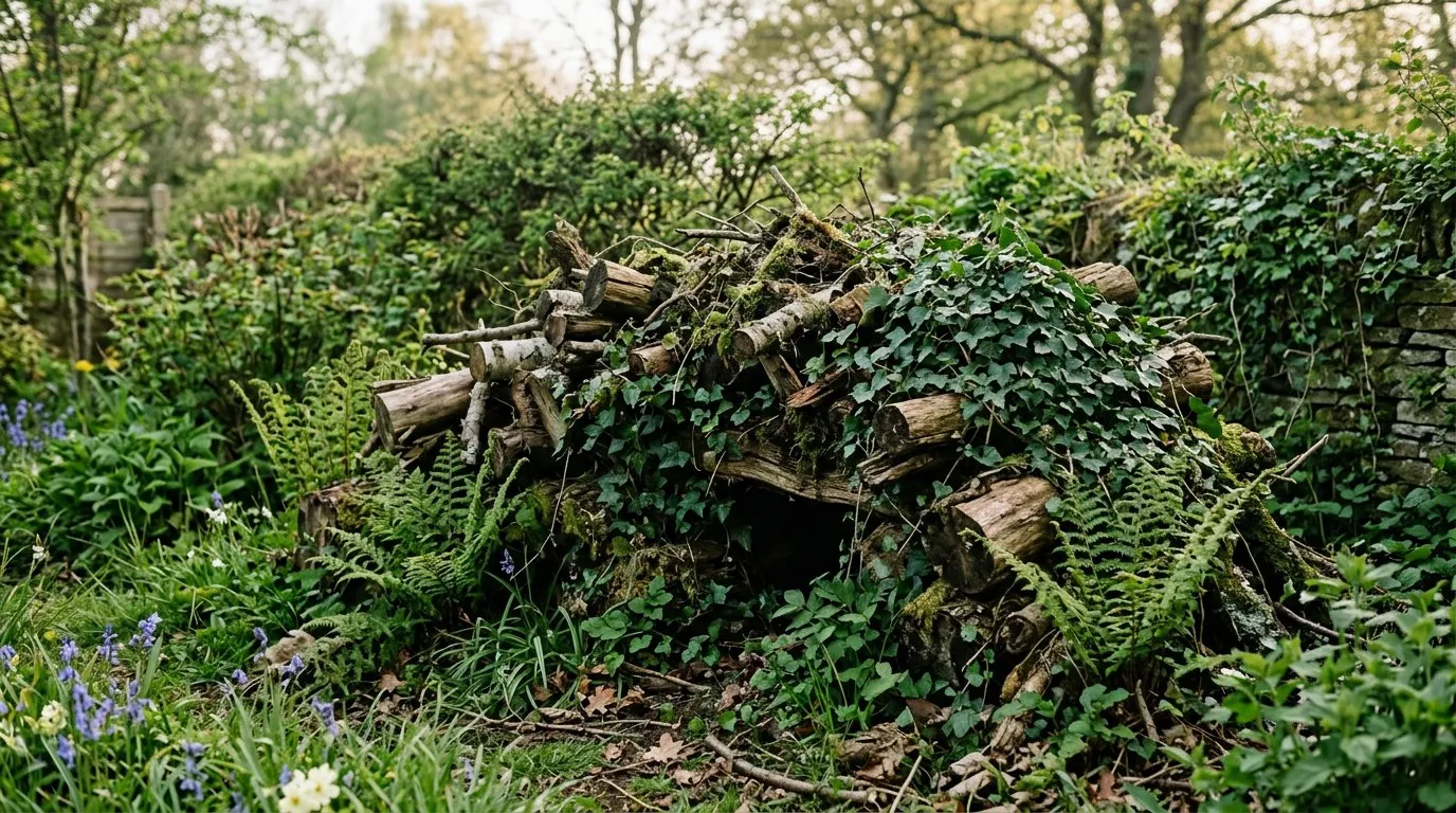 Hedgehog-friendly log pile habitat in a quiet corner of a UK garden