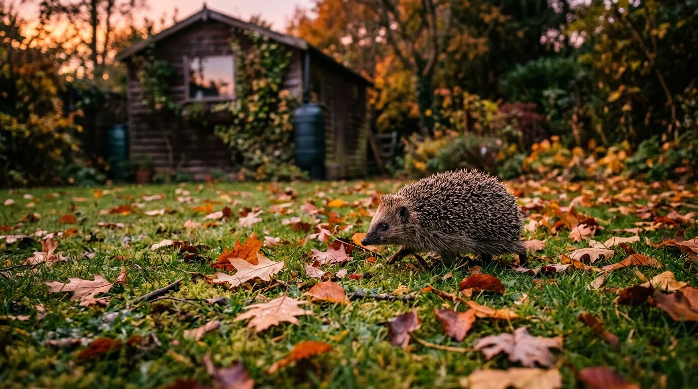 Hedgehog snuffling through fallen autumn leaves beside a log pile in a UK suburban garden at dusk