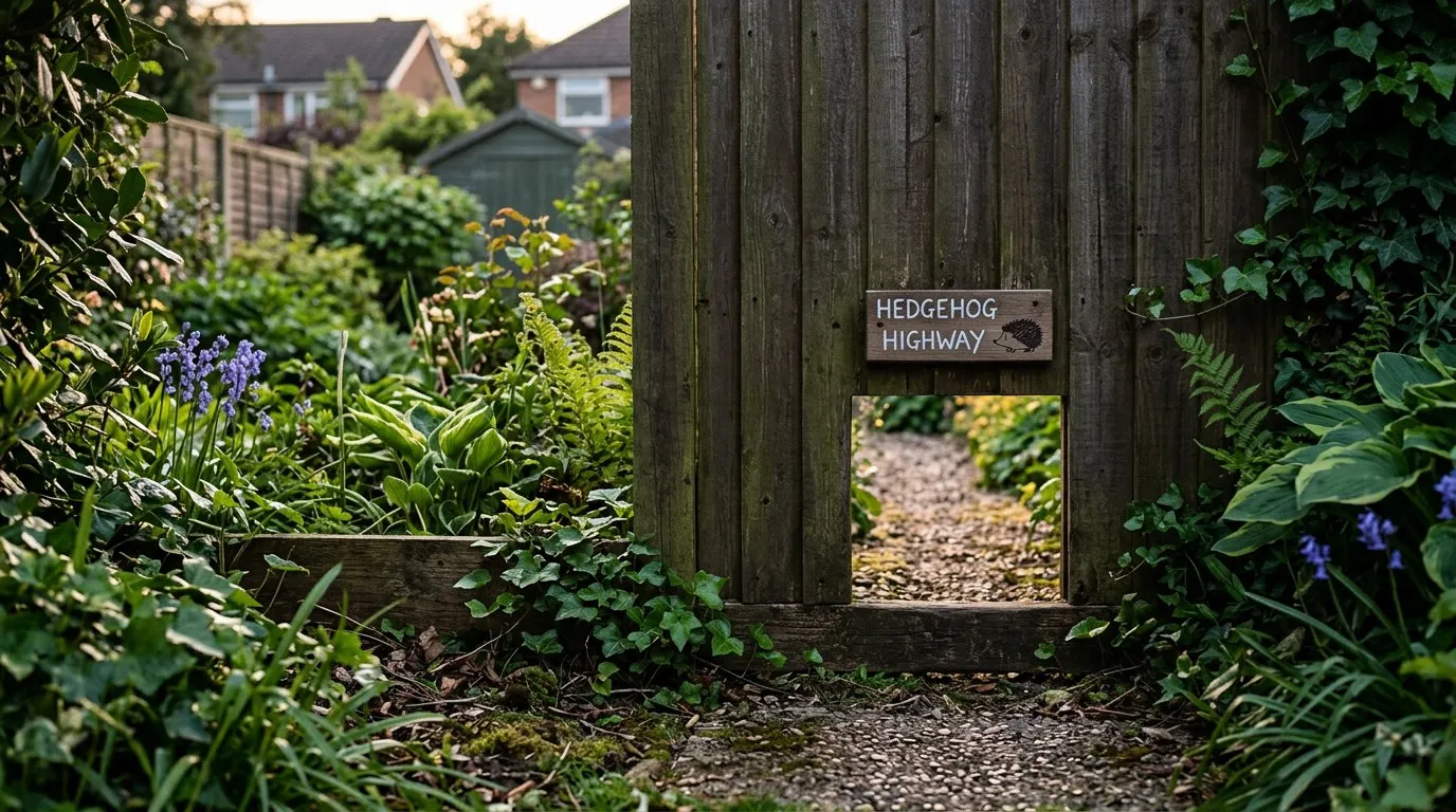 Hedgehog highway hole cut in the base of a wooden fence panel in a UK garden