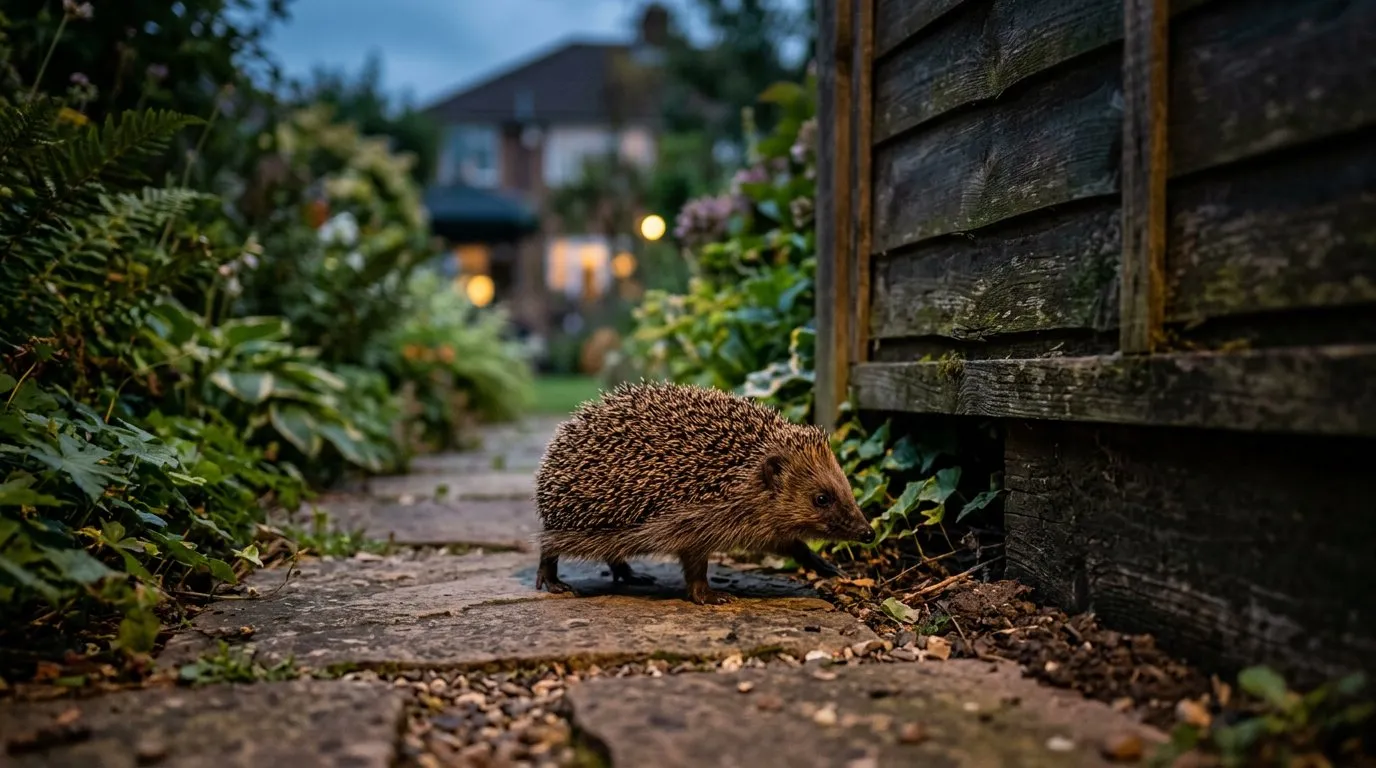 Hedgehog using a hedgehog highway gap under a fence at dusk in a UK garden