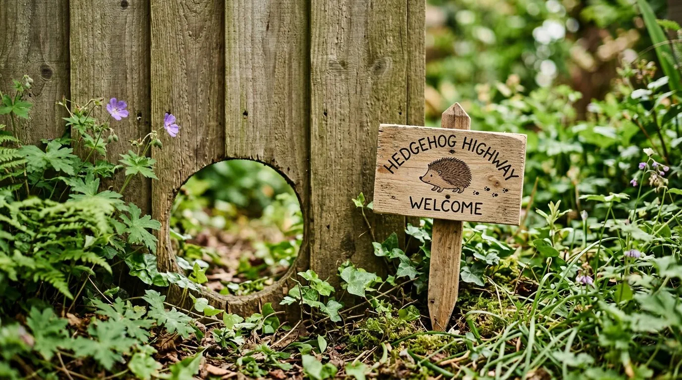 Hedgehog highway marker sign next to a gap in a UK garden fence