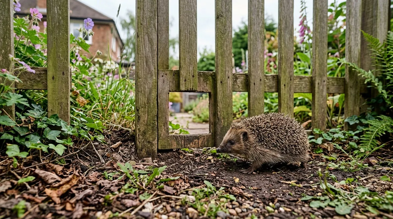 Small square hole cut at the base of a wooden garden fence panel marked with a hedgehog highway sign