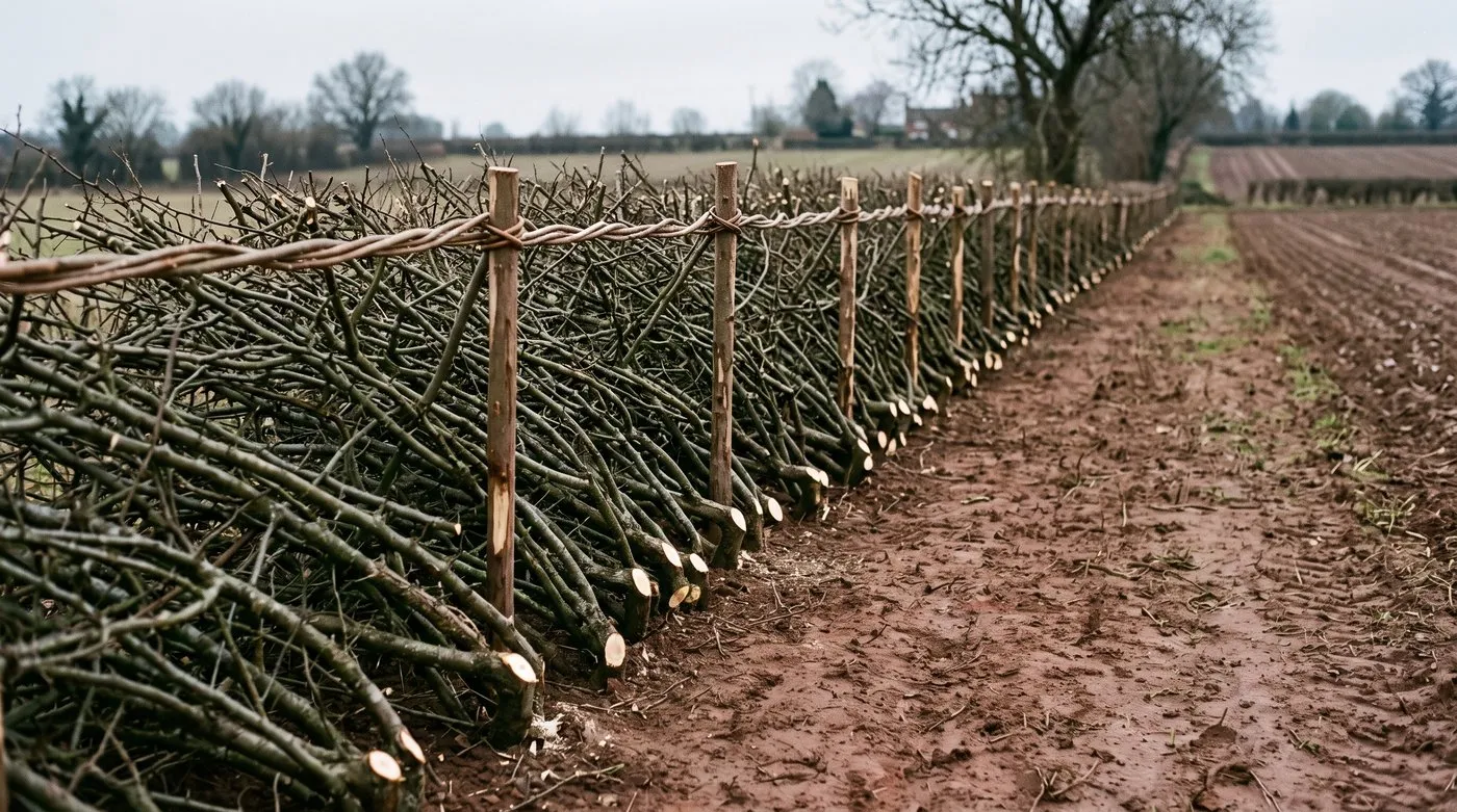 Hedgelaying: freshly laid hawthorn hedge with vertical stakes and twisted binders on a bare winter UK field boundary