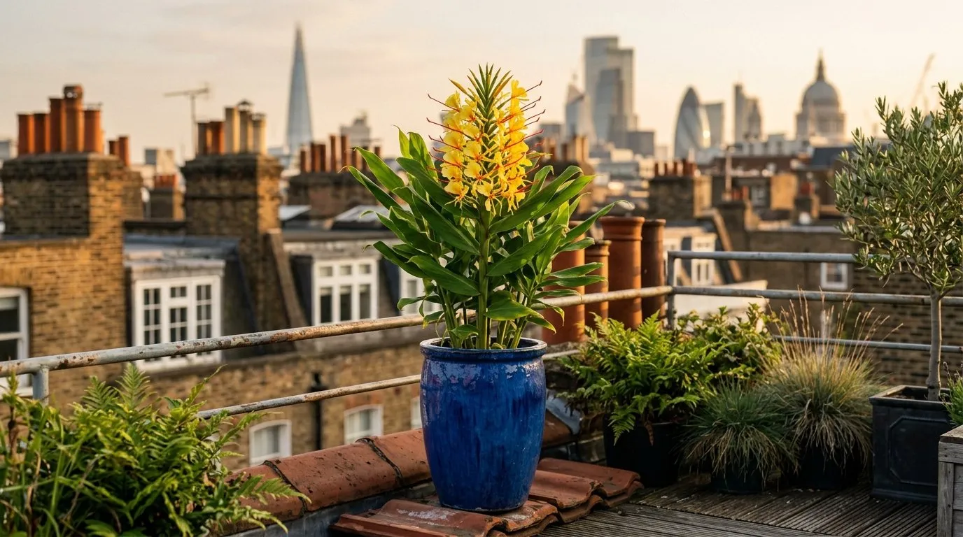 Container-grown Hedychium gardnerianum in a tall glazed pot on a London city roof terrace, flowering in late summer