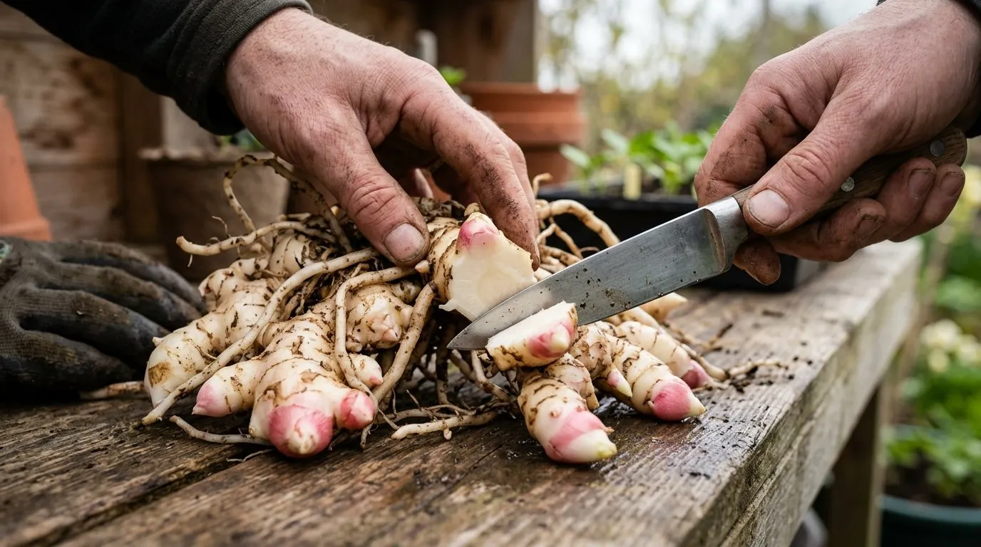 A congested ginger lily clump being cut into rhizome sections with a knife on an allotment potting bench