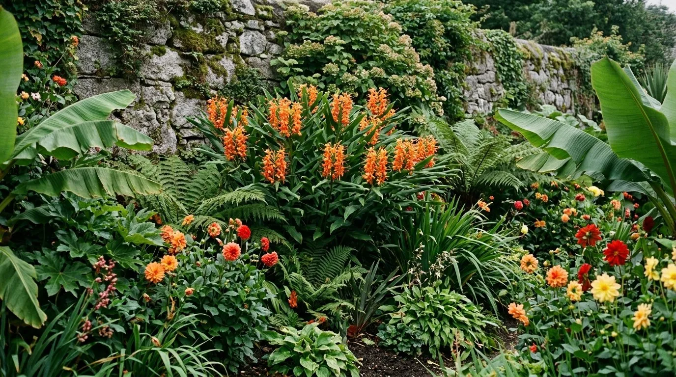 Tall Hedychium clump flowering at the back of a lush exotic border in a Cornish coastal garden