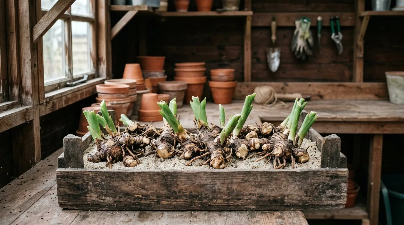 Lifted ginger lily rhizomes stored in a wooden crate of dry sand in a frost-free shed