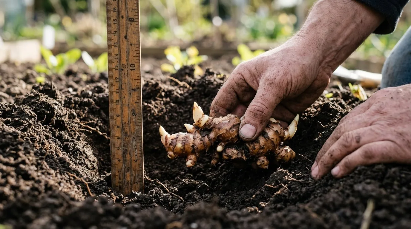 Hands laying a fat ginger lily rhizome horizontally in a planting hole with a ruler showing 10cm depth
