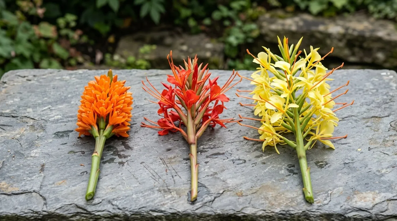 Three Hedychium species side by side showing orange densiflorum, scarlet coccineum and yellow gardnerianum spikes for comparison