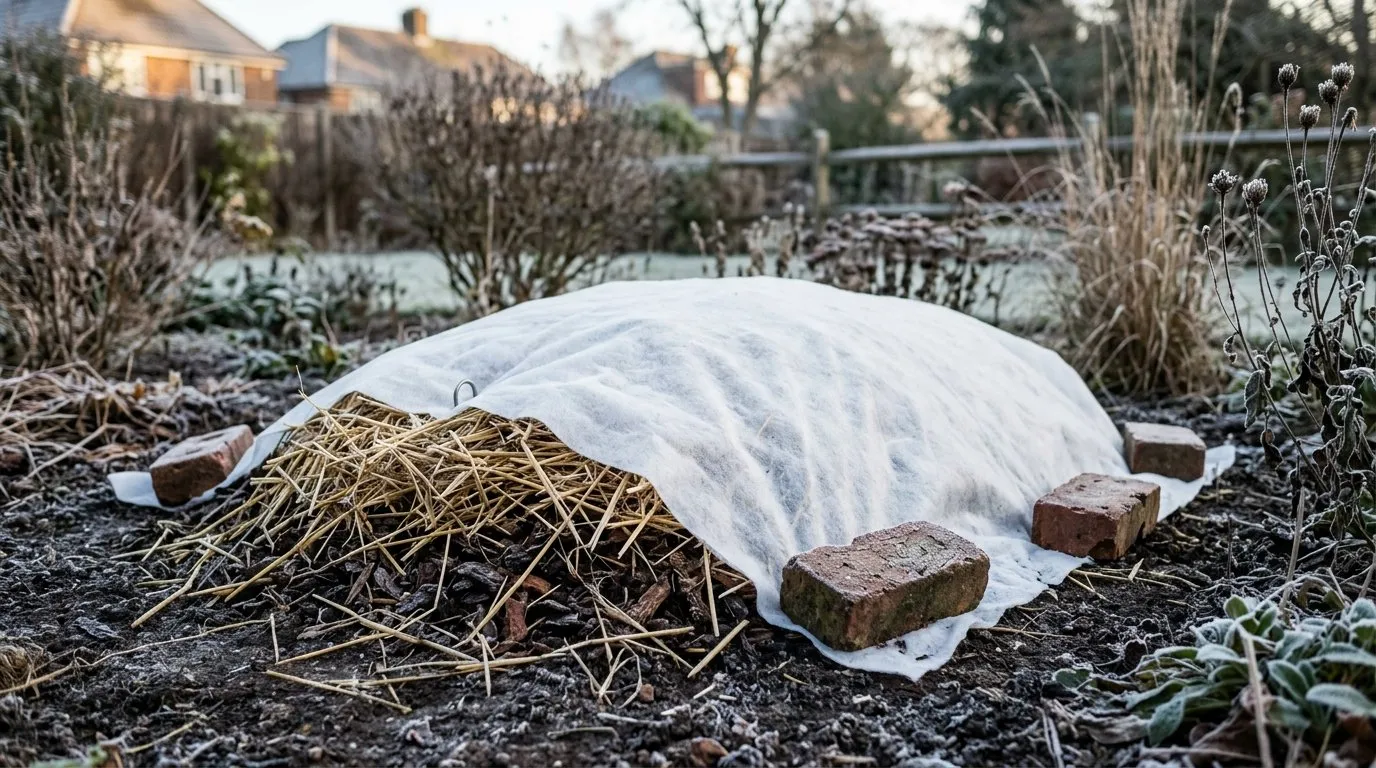 Thick straw and bark mulch piled 20cm deep over a cut-back ginger lily crown with fleece pegged on top in a Surrey garden