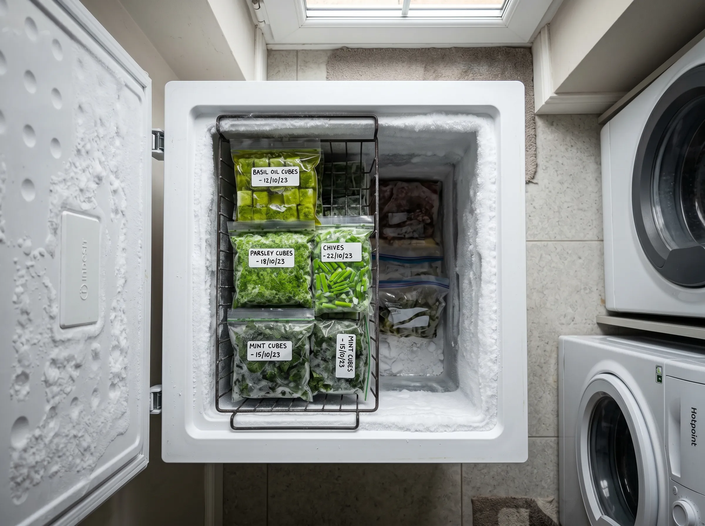 UK chest freezer with the lid open showing labelled freezer bags of herb ice cubes and oil cubes organised in a wire basket, frost on the inside of the lid