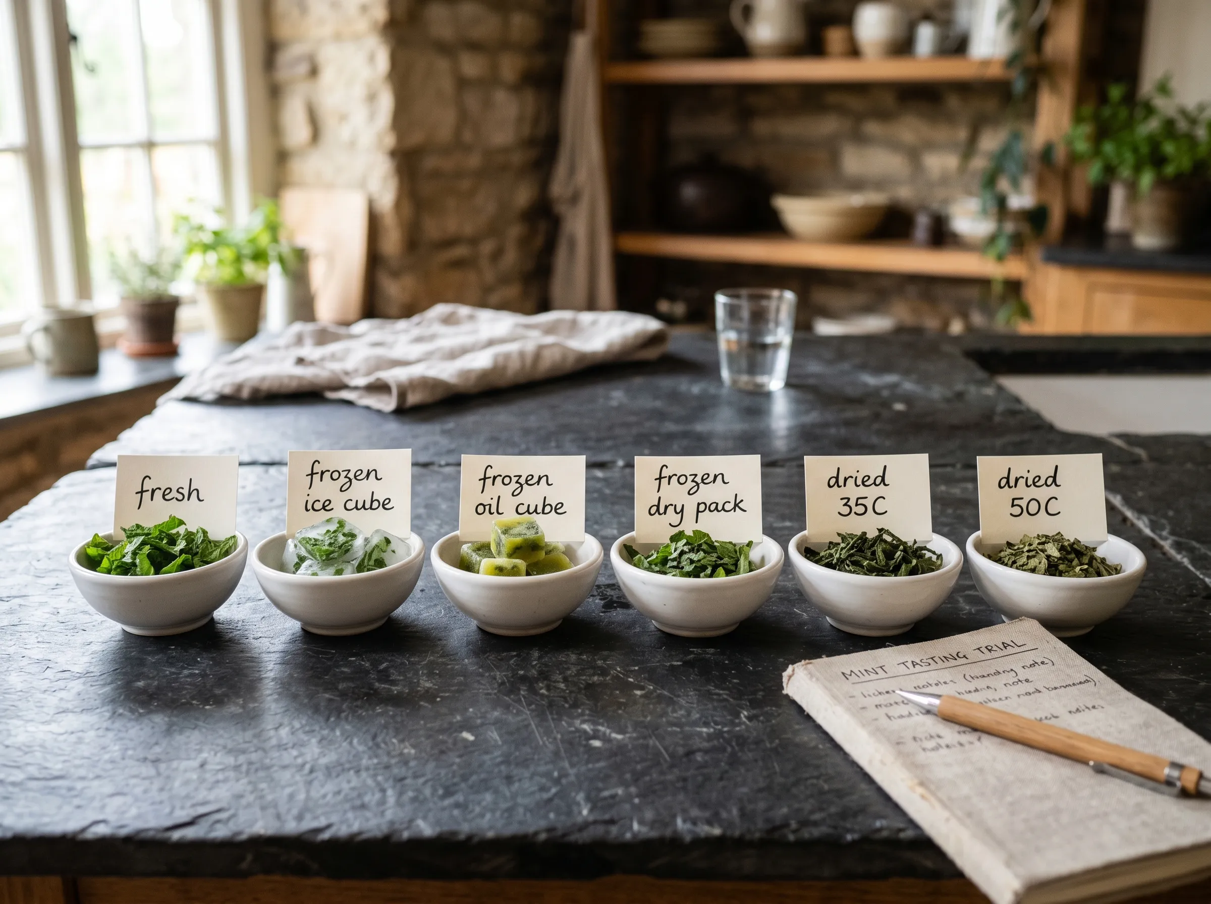 Six small white bowls of mint labelled fresh, frozen ice cube, frozen oil cube, frozen dry pack, dried at 35C and dried at 50C arranged on a UK slate kitchen worktop for a side-by-side tasting trial