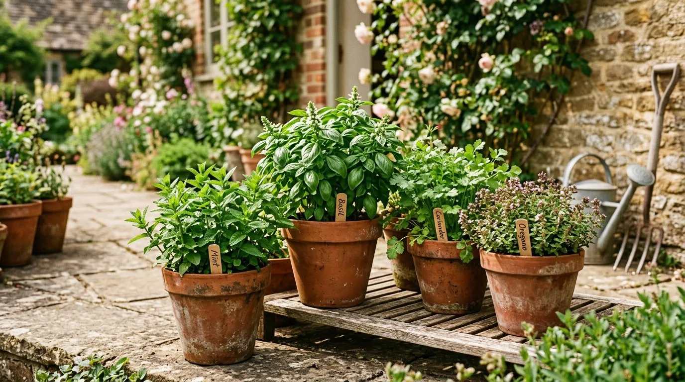Herb garden in terracotta pots on a sunny UK patio with basil, mint, and coriander
