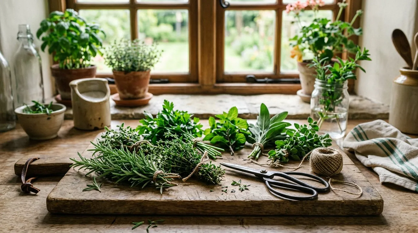 Freshly harvested herb garden produce on a wooden chopping board in a UK kitchen