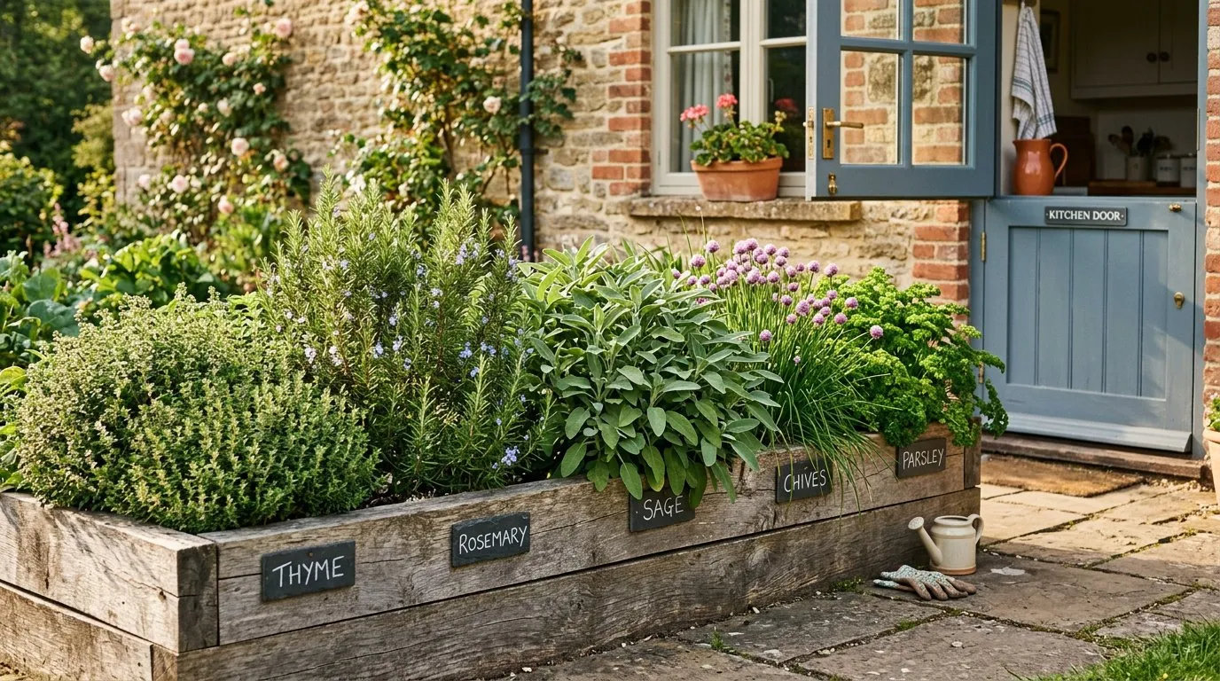 Herb garden raised bed near a UK kitchen door with rosemary, thyme, sage, and parsley