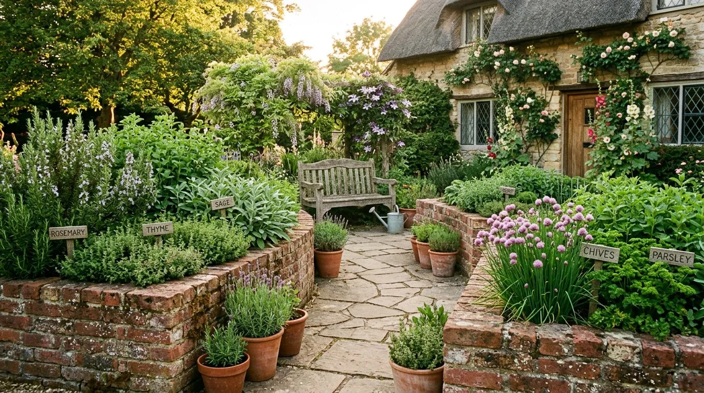 Beautifully designed UK herb garden with raised brick beds containing rosemary, thyme, sage and parsley