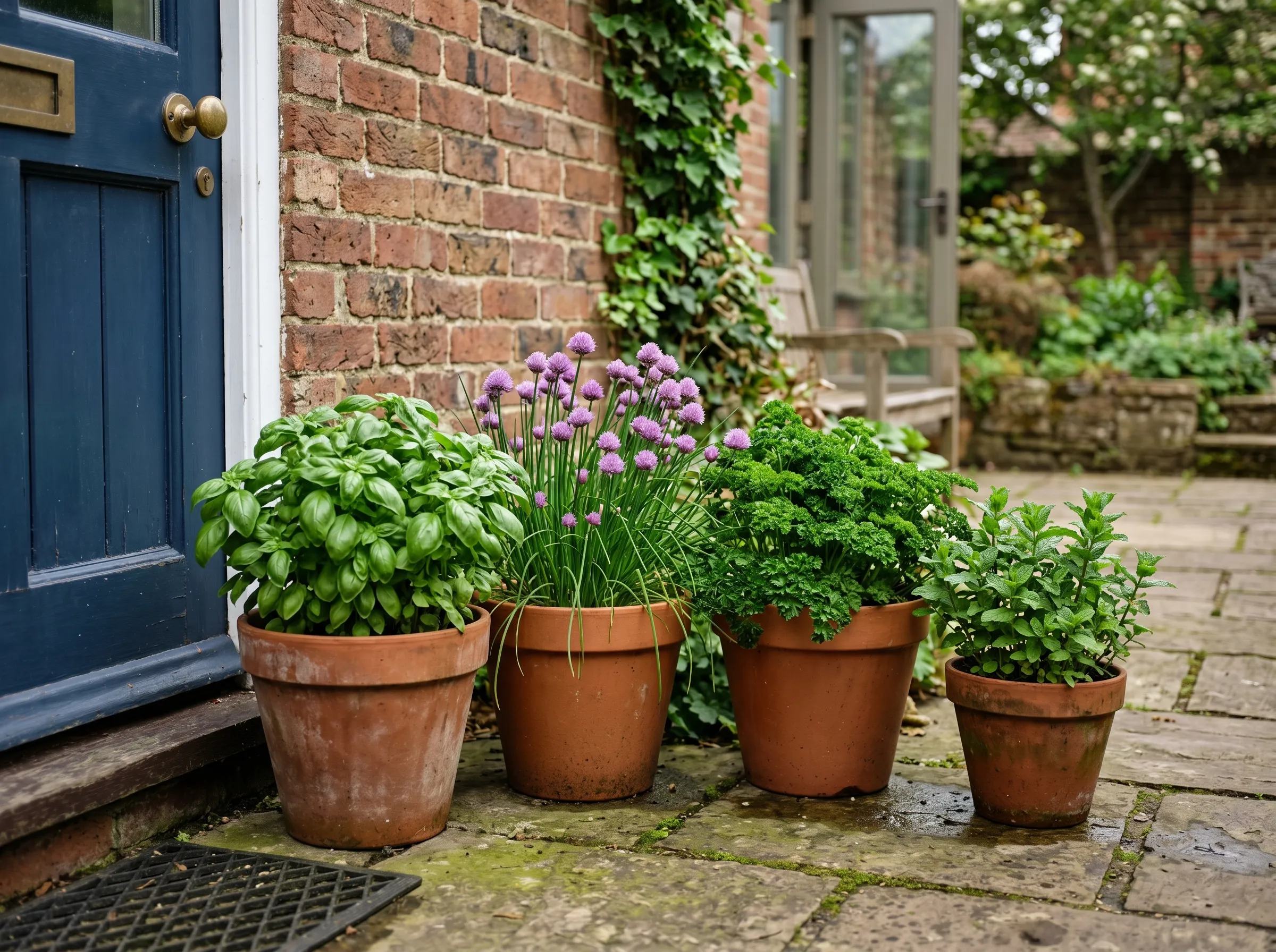 UK kitchen-door pot grouping with a 10l pot of basil, a 10l of chives, a 10l of parsley and a 5l of mint, all healthy and harvestable, on a paved area near the back door
