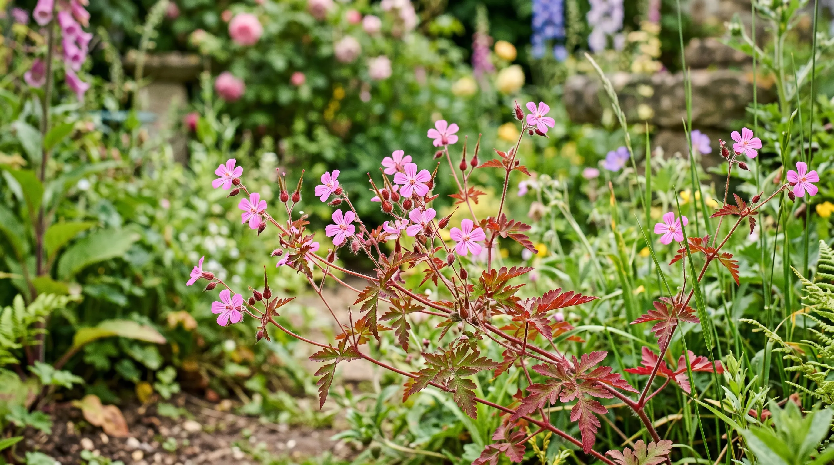 A UK garden border showing herb Robert (Geranium robertianum) with small pink five-petalled flowers and the deeply divided red-tinged leaves visible