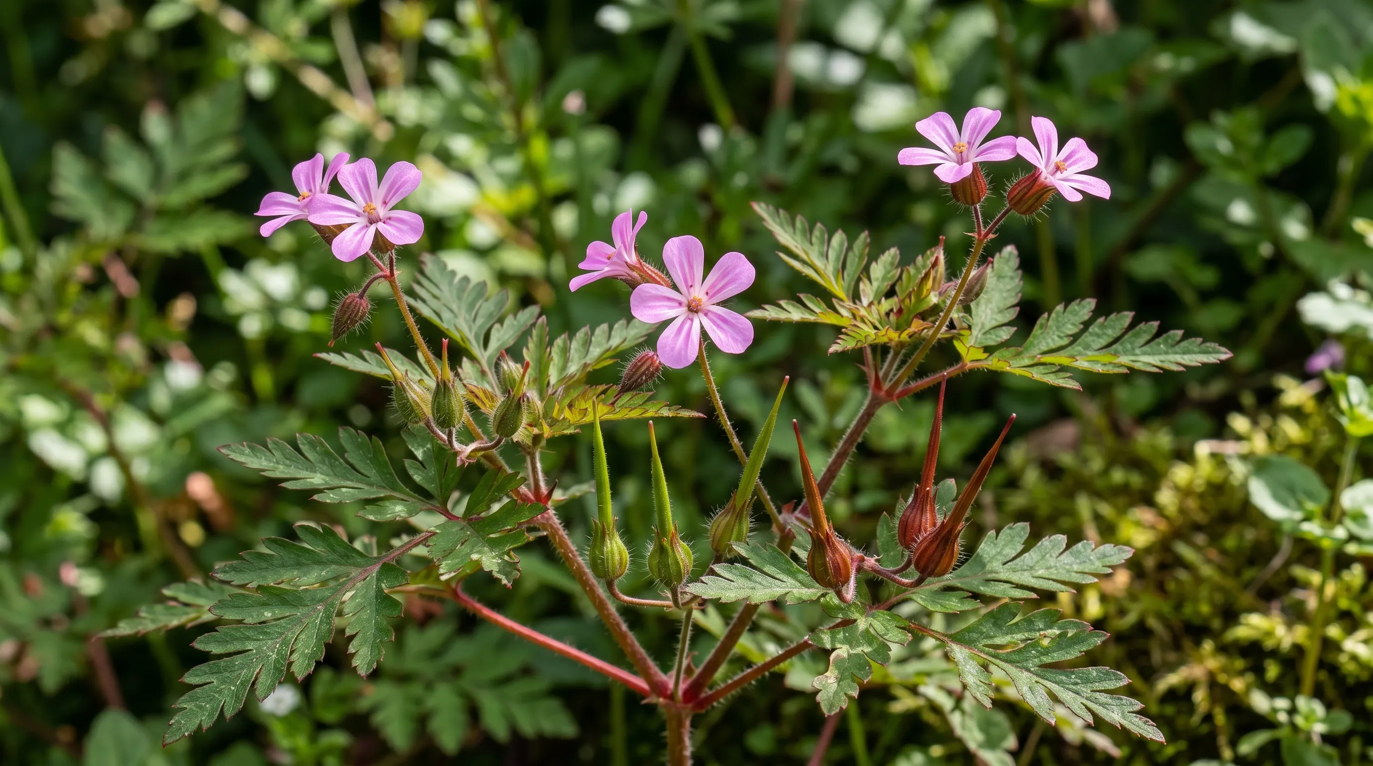 A diagnostic close-up of herb Robert showing the deeply divided ferny leaves with red-tinged stems, the small pink 5-petal flowers, and the long pointed seed pods at various stages of ripeness
