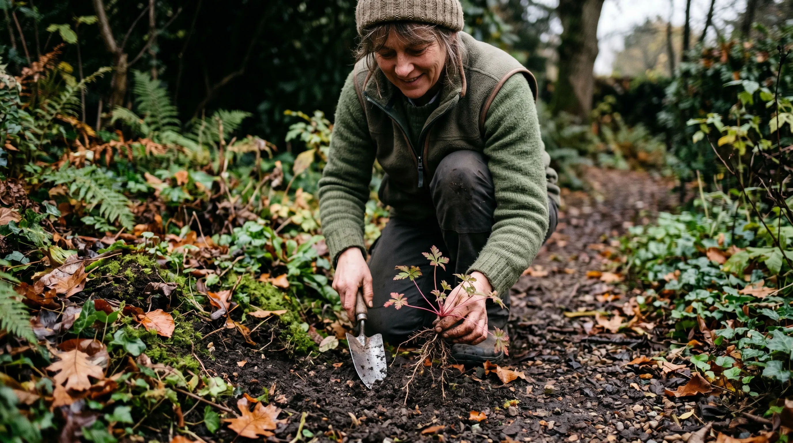 A UK gardener at a shaded border in November pulling herb Robert rosettes with a small trowel, with the rosettes lifting cleanly with intact taproots