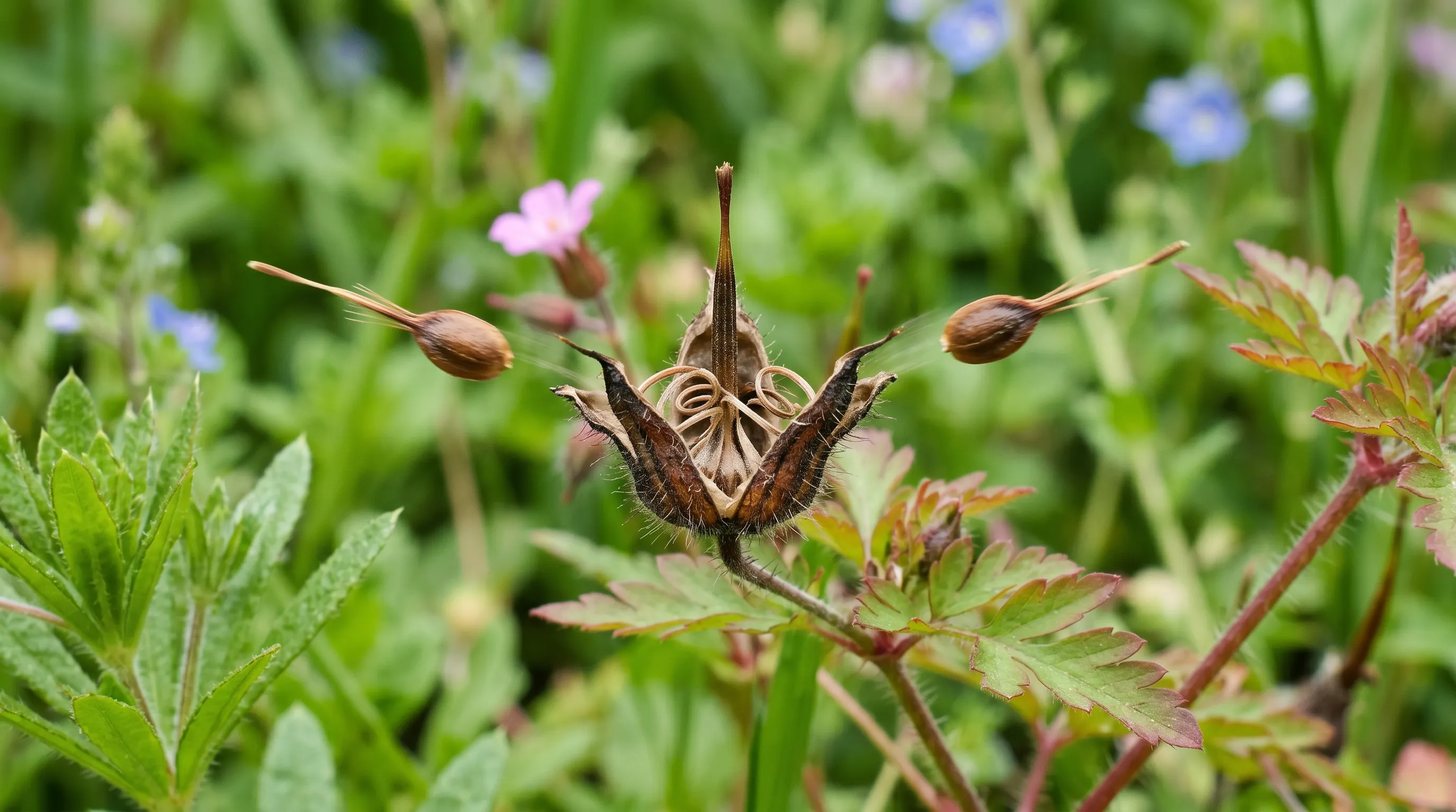 A close-up of a herb Robert seed pod just splitting in mid-June in a UK garden, showing the explosive mechanism with two seed segments catapulting outward from the central column