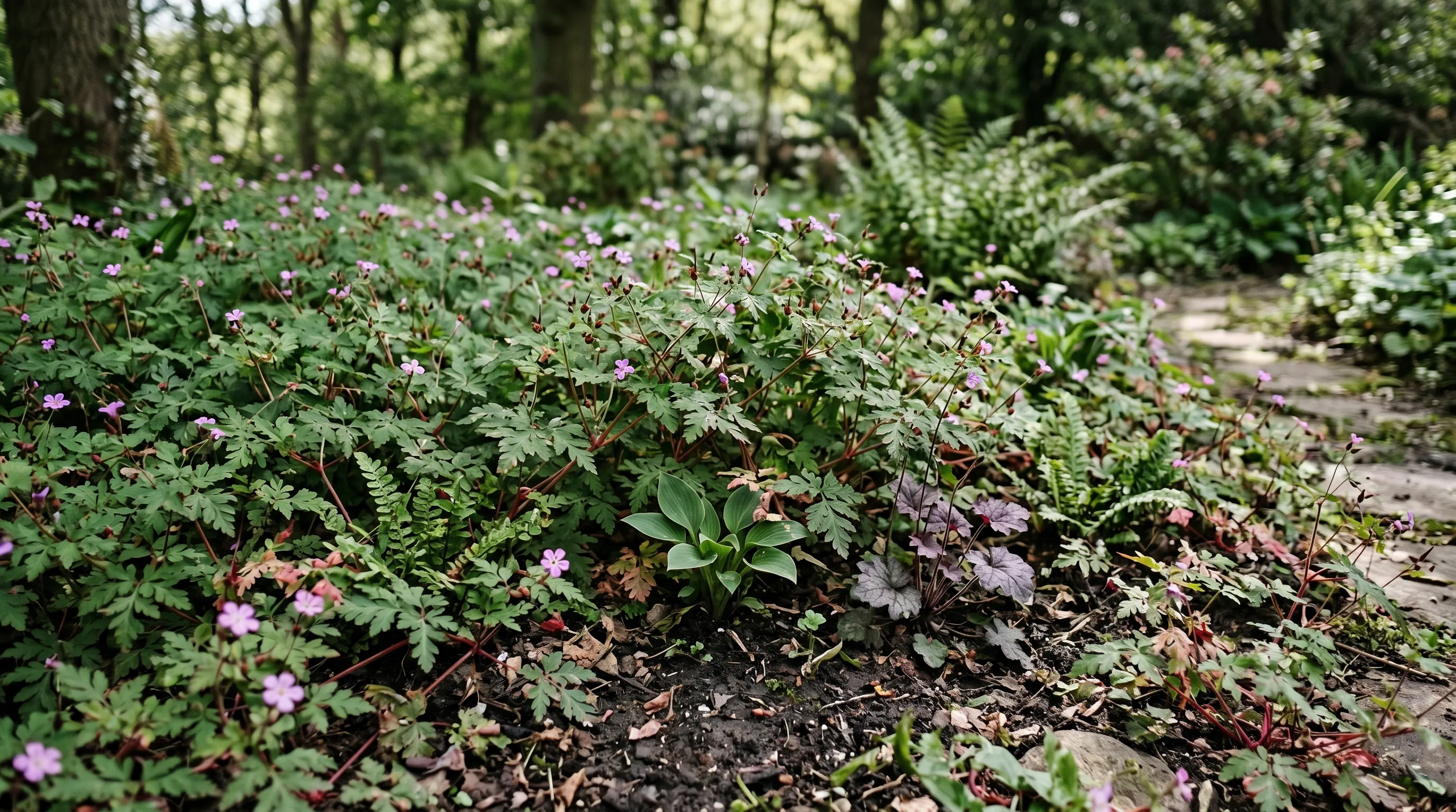 A UK shaded border showing dense herb Robert ground cover smothering small ornamental plants, with the lacy red-tinged foliage visible across the bed