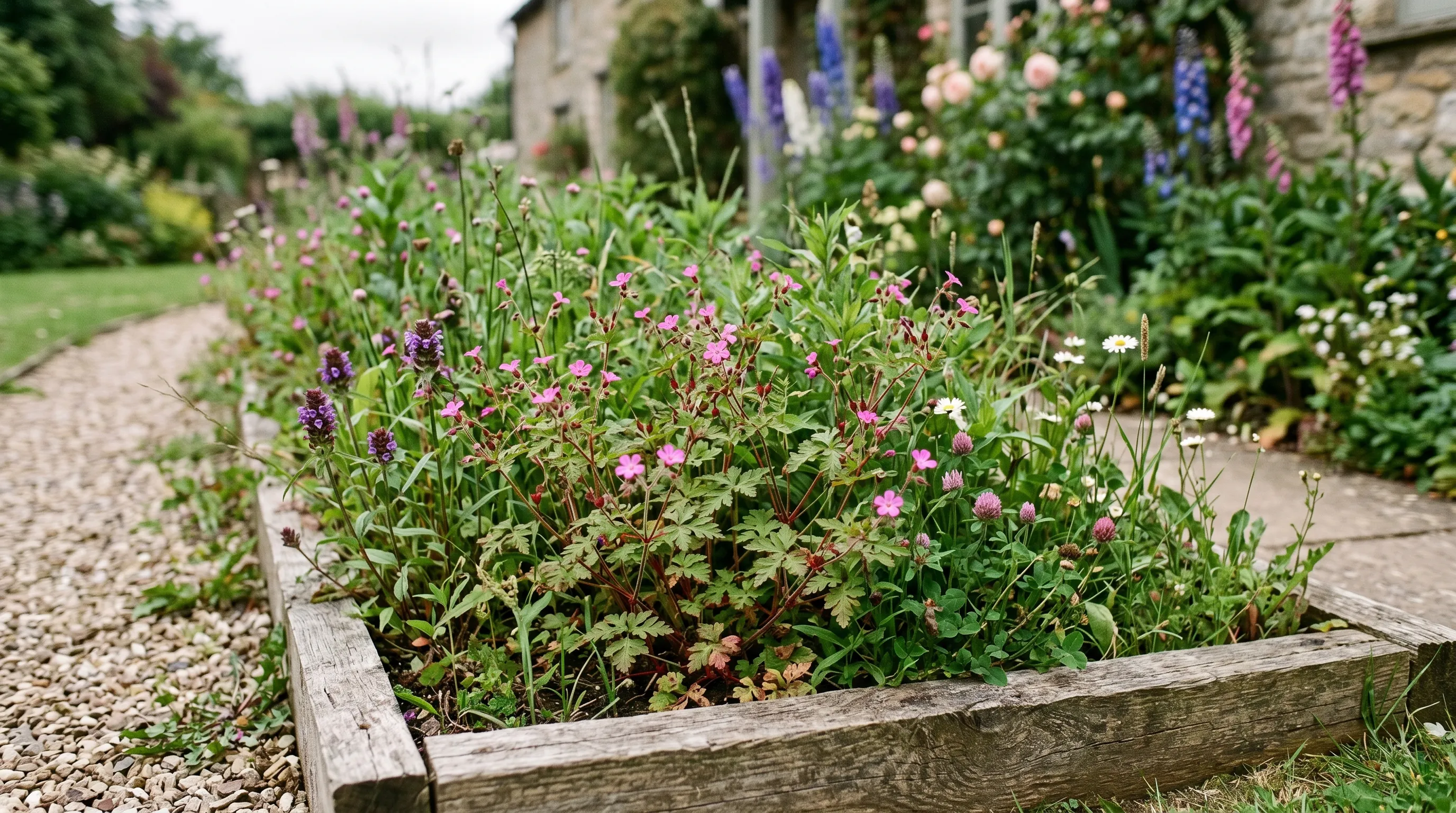 A small dedicated UK wildlife corner with a 1m² edged patch of herb Robert plus other wildflowers, contained from the main ornamental border by a timber edge