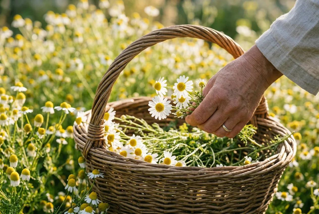 Herbal teas chamomile harvest with fresh flowers being picked into a wicker basket