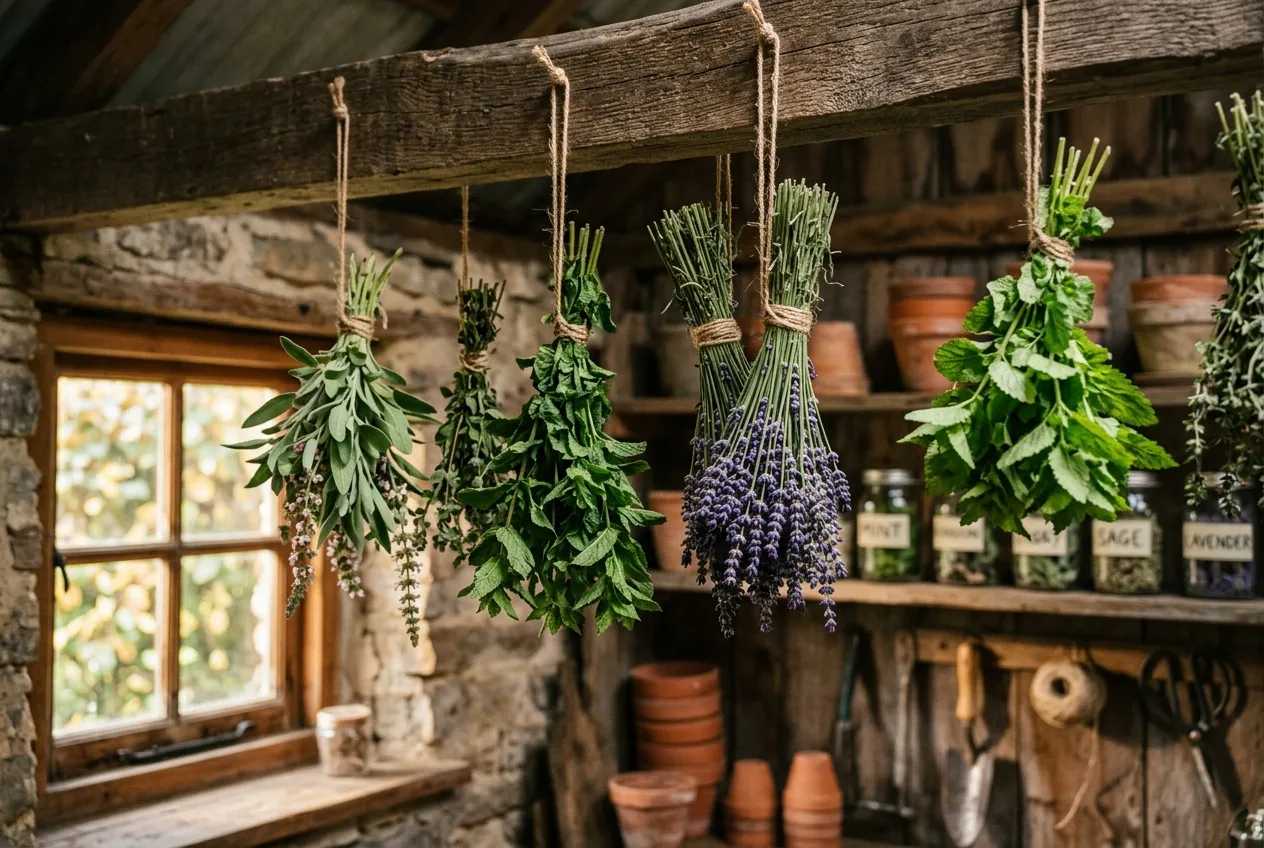 Herbal teas drying herbs hanging from wooden beam in a garden shed with lavender and mint