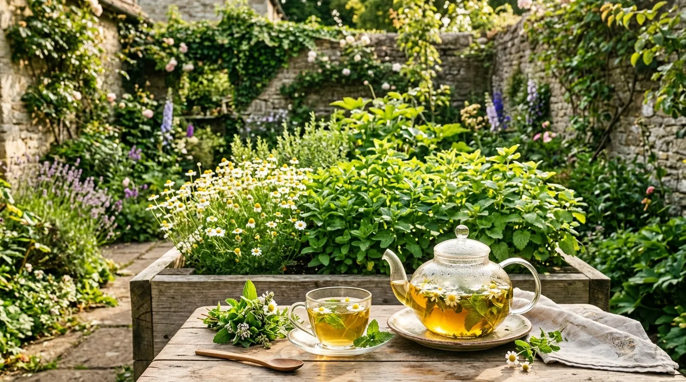Herbal teas garden with fresh chamomile and mint beside a glass teapot in a cottage garden