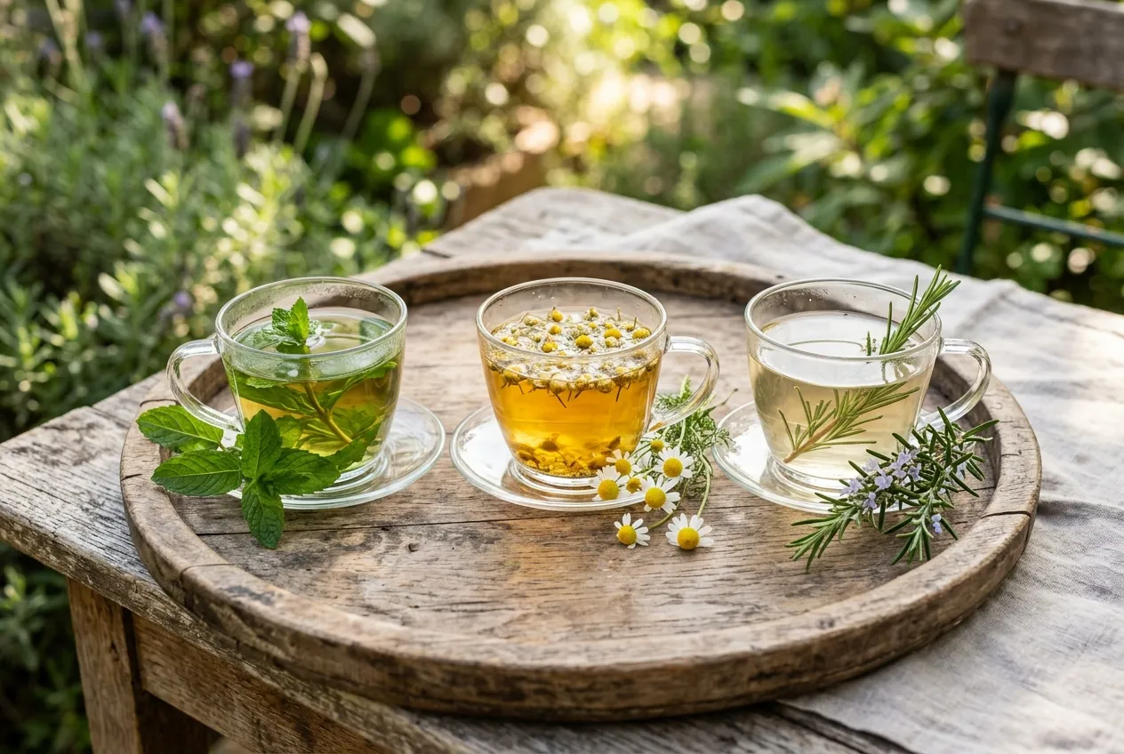 Herbal teas selection with three glass cups of mint chamomile and rosemary tea on garden table