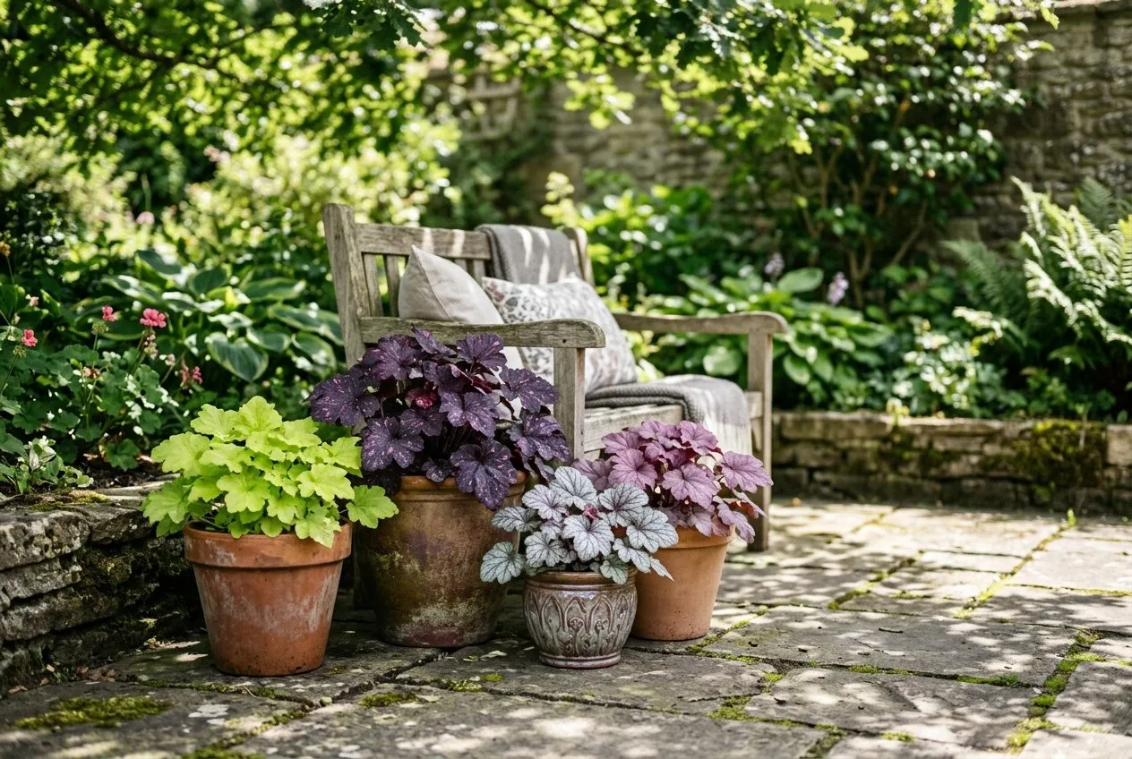 Heuchera plants displayed in decorative pots on a shaded UK patio showing purple lime and silver foliage varieties