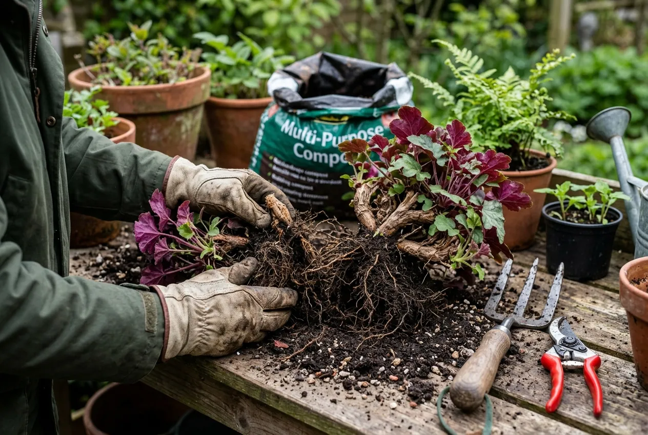 Hands dividing a mature heuchera plant showing the woody crown being split with visible roots and fresh growth