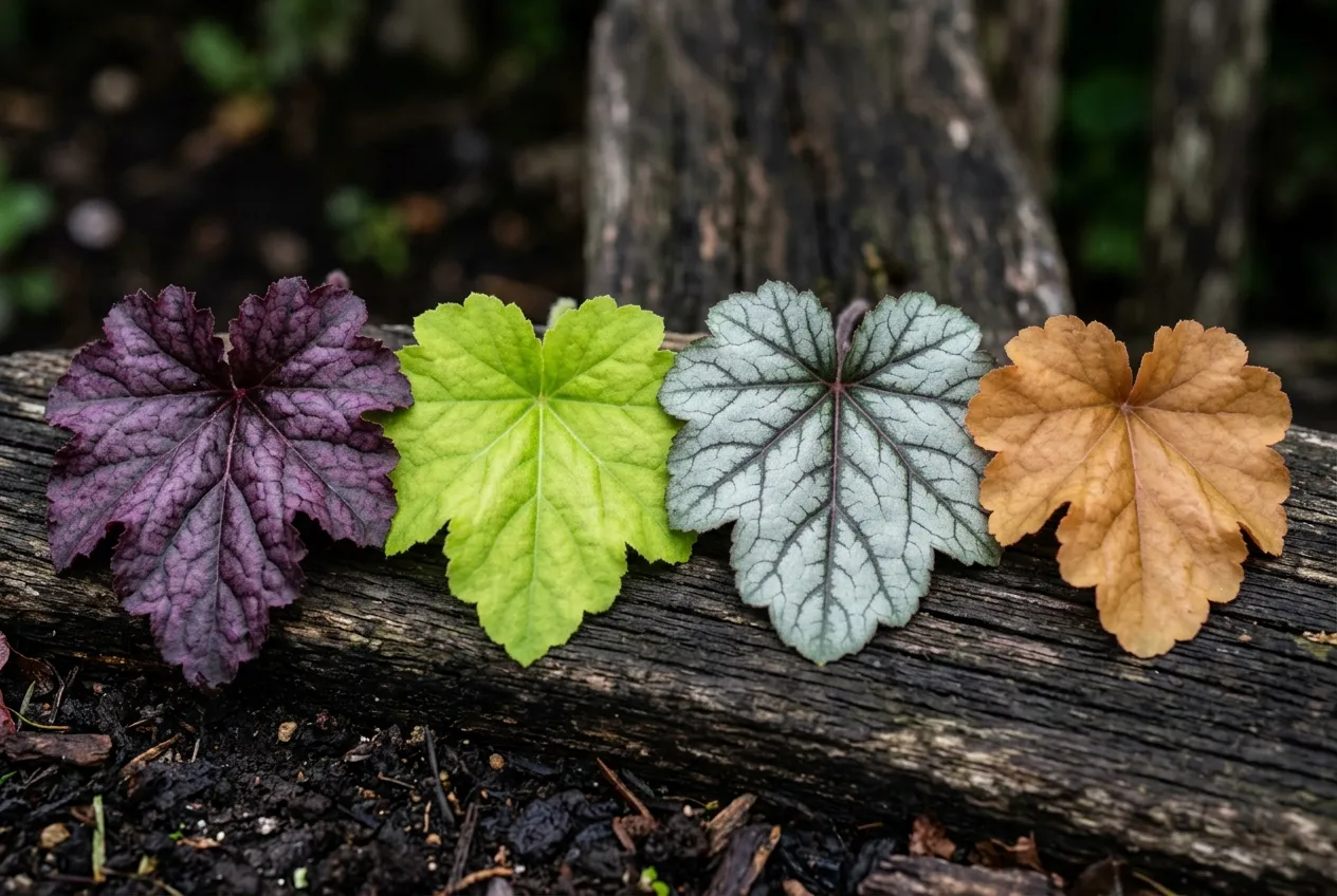 Close-up of different heuchera leaf colours and textures showing purple lime silver and amber varieties side by side